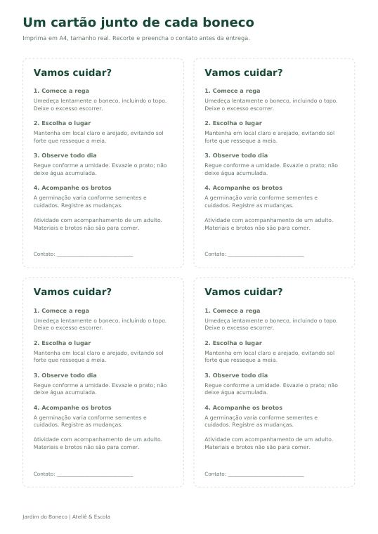 Prévia real dos cartões de cuidados incluídos no kit